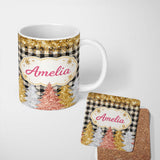 Personalized Custom Name Black Gold Christmas Plaid Pattern Festive Snowflake Seamless Design 11oz Ceramic Coffee Tea Mug White Large Handle