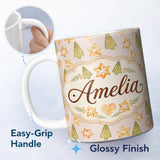 Personalized Custom Name Watercolor Christmas Cookies Stars Hearts Trees Festive Seamless 11oz Ceramic Coffee Tea Mug White Large Handle