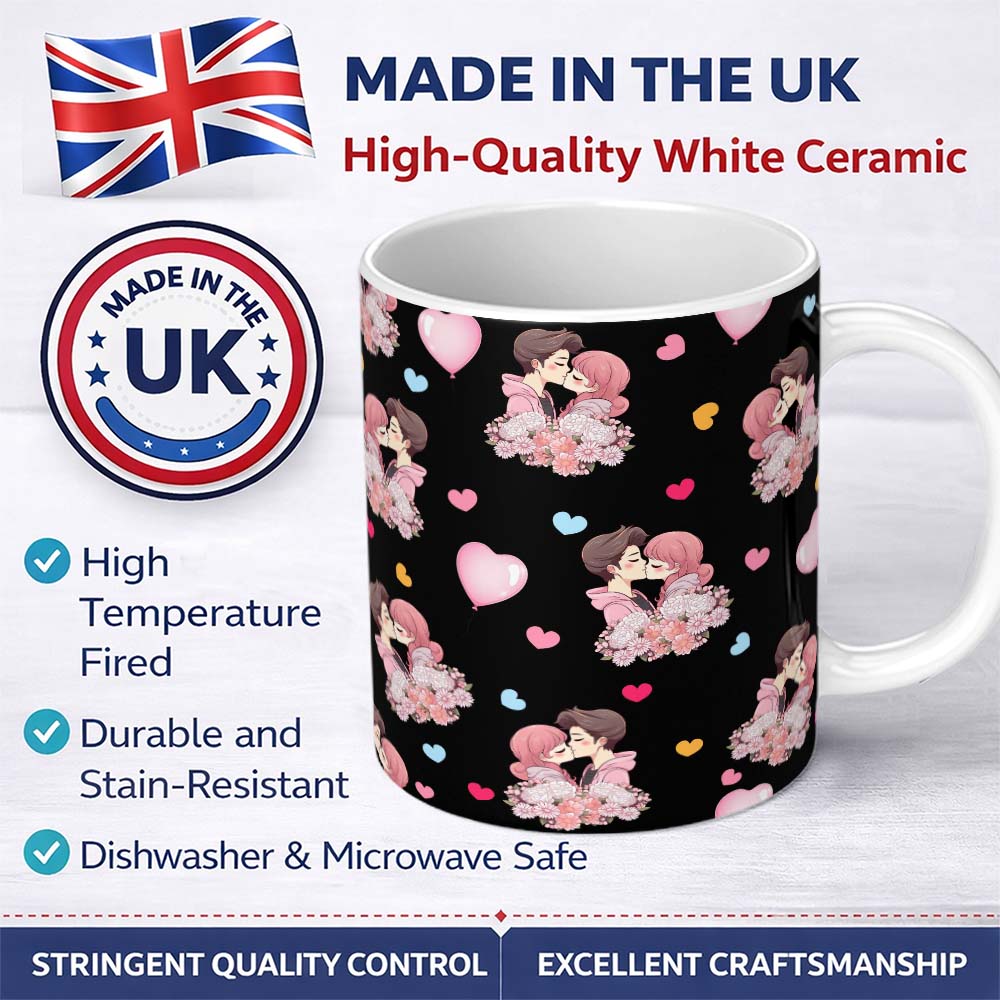 Personalized Custom Name Romantic Couple Kissing Floral Bouquet Hearts Seamless Pattern Black 11oz Ceramic Coffee Tea Mug White Large Handle