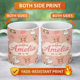 Personalized Custom Name Cute Bear Sloth Lamb Cherry Strawberry Seamless Pattern on Peach 11oz Ceramic Coffee Tea Mug White Large Handle