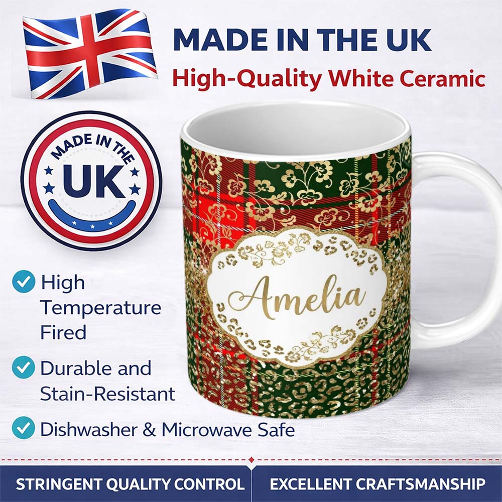 Personalized Custom Name Festive Plaid Gold Floral Glitter Christmas Seamless Pattern Lovely 11oz Ceramic Coffee Tea Mug White Large Handle