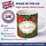 Personalized Custom Name Festive Plaid Gold Floral Glitter Christmas Seamless Pattern Lovely 11oz Ceramic Coffee Tea Mug White Large Handle