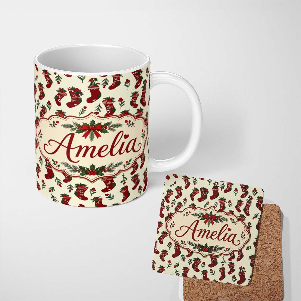 Personalized Custom Name Cute Christmas Stockings Holly Berries and Festive Holiday Elements 11oz Ceramic Coffee Tea Mug White Large Handle
