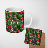 Personalized Custom Name Pixel Mushroom Forest Green Terrain Seamless Pattern Lovely 11oz Ceramic Coffee Tea Mug White Large Handle