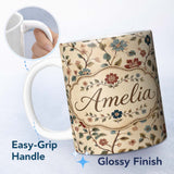 Personalized Custom Name Delicate Vintage Floral Branches Soft Neutral Background Seamless 11oz Ceramic Coffee Tea Mug White Large Handle