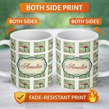 Personalized Custom Name Vintage Flamingo Postage Stamp Style Seamless Pattern Lovely 11oz Ceramic Coffee Tea Mug White Large Handle