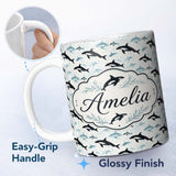 Personalized Custom Name Orca Whale Forest Landscape Seamless Pattern Nature Meets Ocean 11oz Ceramic Coffee Tea Mug White Large Handle