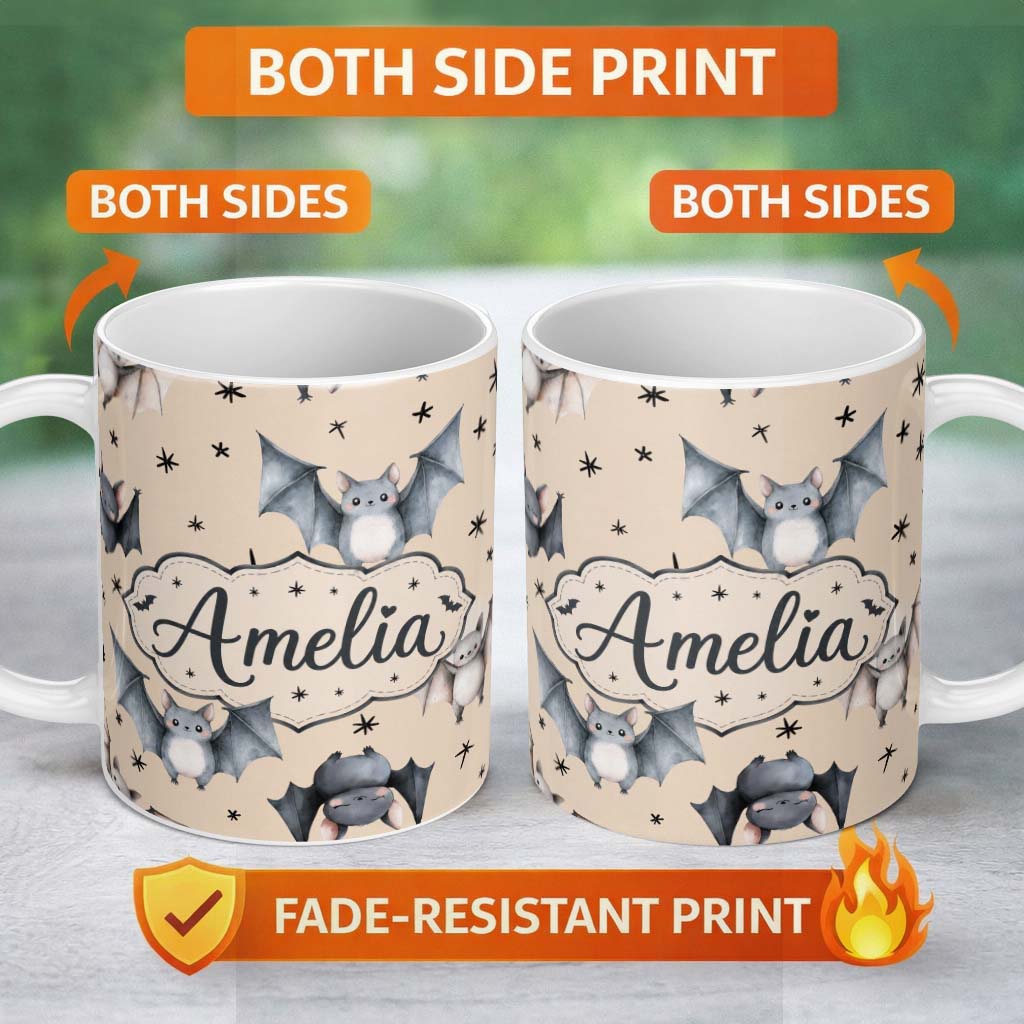 Personalized Custom Name Cute Baby Bats Flying with Stars Soft Sand Background Seamless 11oz Ceramic Coffee Tea Mug White Large Handle