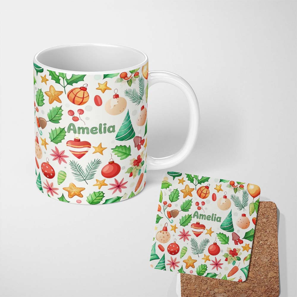 Personalized Custom Name Colorful Christmas Ornament Holly Star Festive Seamless Pattern 11oz Ceramic Coffee Tea Mug White Large Handle