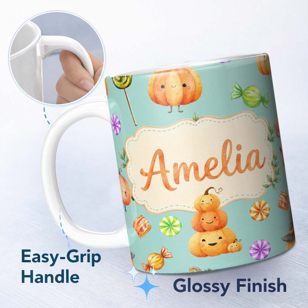 Personalized Custom Name Cute Watercolor Pumpkins and Candy Sweets on Light Grey Background 11oz Ceramic Coffee Tea Mug White Large Handle