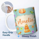 Personalized Custom Name Cute Watercolor Pumpkins and Candy Sweets on Light Grey Background 11oz Ceramic Coffee Tea Mug White Large Handle