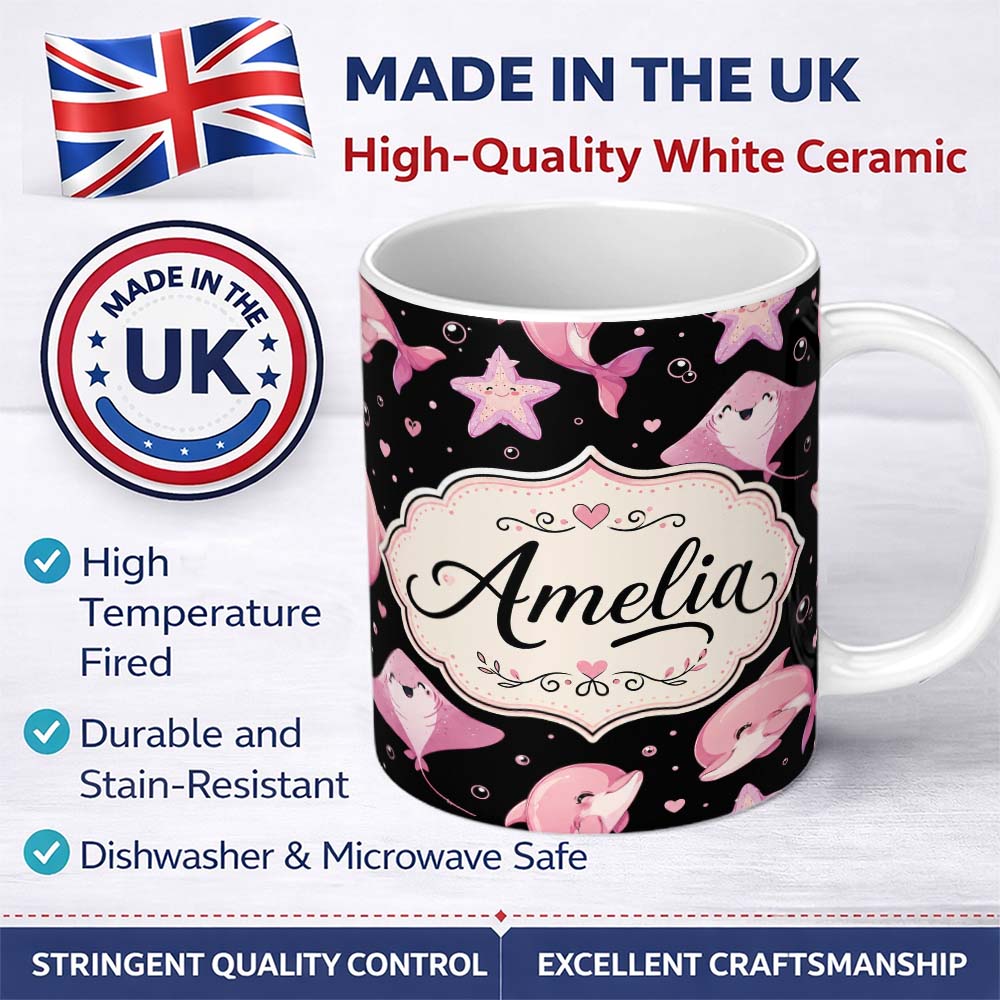 Personalized Custom Name Cute Pink Dolphins and Starfish Seamless Ocean Pattern Black Lovely 11oz Ceramic Coffee Tea Mug White Large Handle