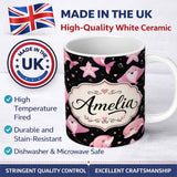 Personalized Custom Name Cute Pink Dolphins and Starfish Seamless Ocean Pattern Black Lovely 11oz Ceramic Coffee Tea Mug White Large Handle