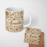 Personalized Custom Name Elegant Botanical Vine Floral Neutral Tone Seamless Pattern Lovely 11oz Ceramic Coffee Tea Mug White Large Handle