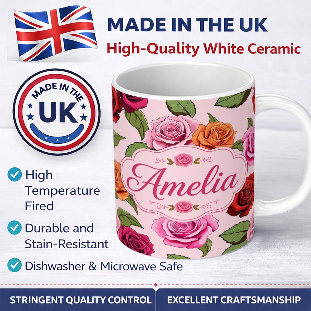 Personalized Custom Name Colorful Roses on Blush Pink Background Seamless Floral Pattern 11oz Ceramic Coffee Tea Mug White Large Handle