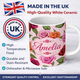 Personalized Custom Name Colorful Roses on Blush Pink Background Seamless Floral Pattern 11oz Ceramic Coffee Tea Mug White Large Handle
