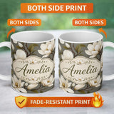 Personalized Custom Name Classic Magnolia Blossoms Botanical Illustration Seamless Pattern 11oz Ceramic Coffee Tea Mug White Large Handle