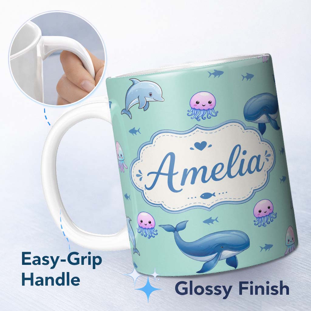 Personalized Custom Name Cute Dolphin Shark and Jellyfish Ocean Animals Mint Green Background 11oz Ceramic Coffee Tea Mug White Large Handle