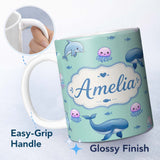 Personalized Custom Name Cute Dolphin Shark and Jellyfish Ocean Animals Mint Green Background 11oz Ceramic Coffee Tea Mug White Large Handle