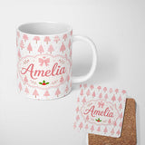 Personalized Custom Name Soft Pink Christmas Tree Forest Cute Seamless Pattern Lovely 11oz Ceramic Coffee Tea Mug White Large Handle
