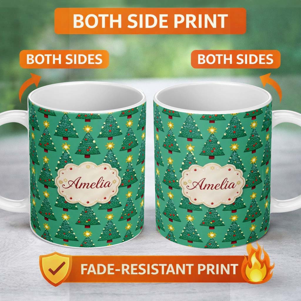 Personalized Custom Name Festive Christmas Trees with Yellow Stars on Green Background Lovely 11oz Ceramic Coffee Tea Mug White Large Handle