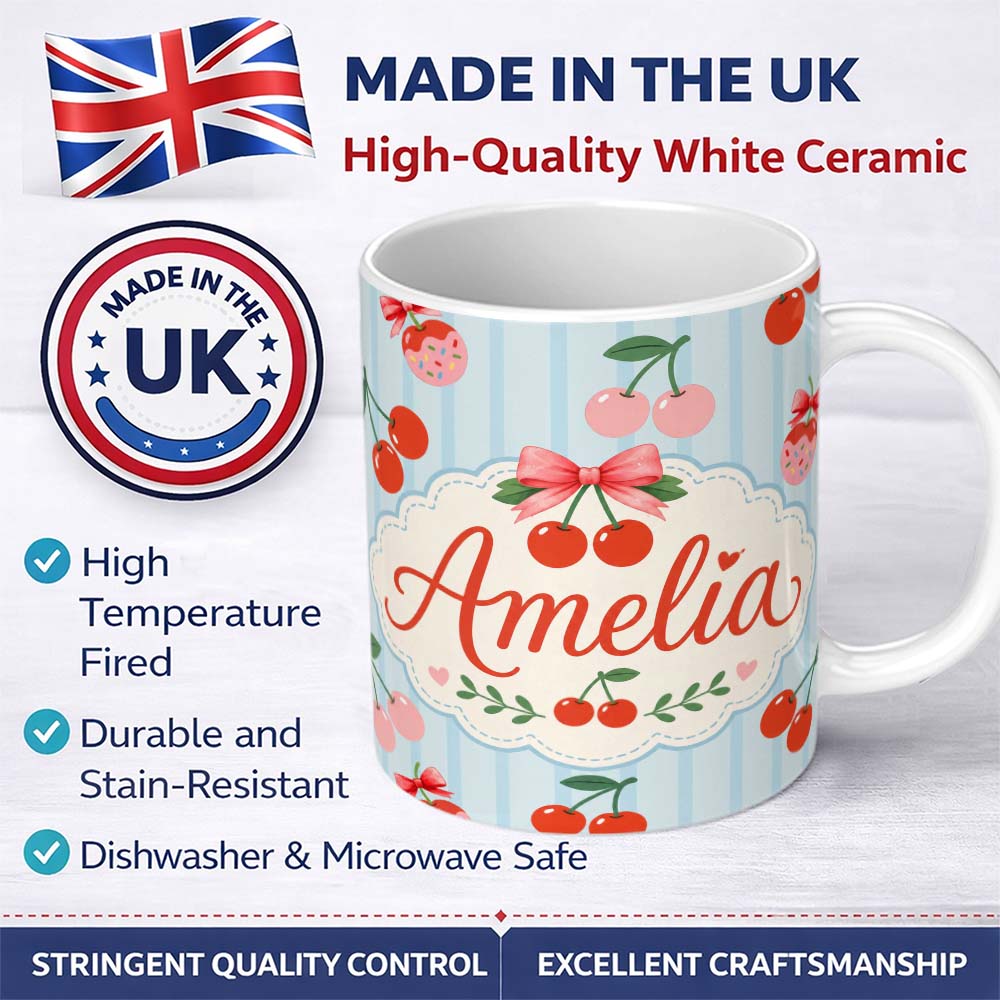 Personalized Custom Name Cute Cherry Fruit with Bow and Sprinkles Pattern Blue Stripe Lovely 11oz Ceramic Coffee Tea Mug White Large Handle