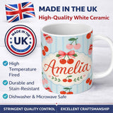 Personalized Custom Name Cute Cherry Fruit with Bow and Sprinkles Pattern Blue Stripe Lovely 11oz Ceramic Coffee Tea Mug White Large Handle