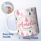 Personalized Custom Name Watercolor Pink Green Christmas Trees Seamless Pattern Lovely 11oz Ceramic Coffee Tea Mug White Large Handle