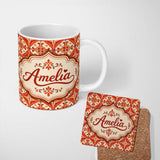 Personalized Custom Name Rust Red Vintage Geometric Tile Pattern with Cream Background Lovely 11oz Ceramic Coffee Tea Mug White Large Handle