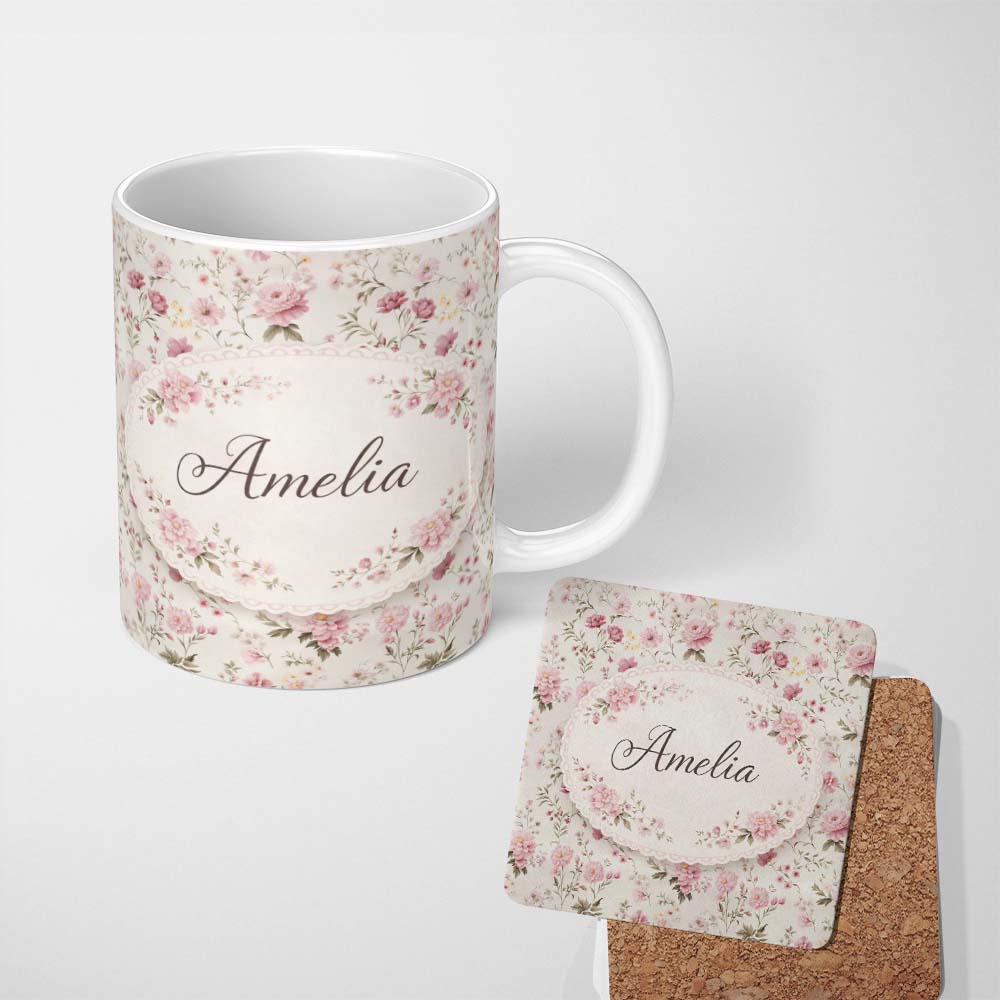 Personalized Custom Name Soft Pink Floral Garden Seamless Pattern Charming Kitchen Decor 11oz Ceramic Coffee Tea Mug White Large Handle