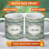 Personalized Custom Name Painterly Seagulls Flying Over Ocean Waves Seamless Pattern Lovely 11oz Ceramic Coffee Tea Mug White Large Handle