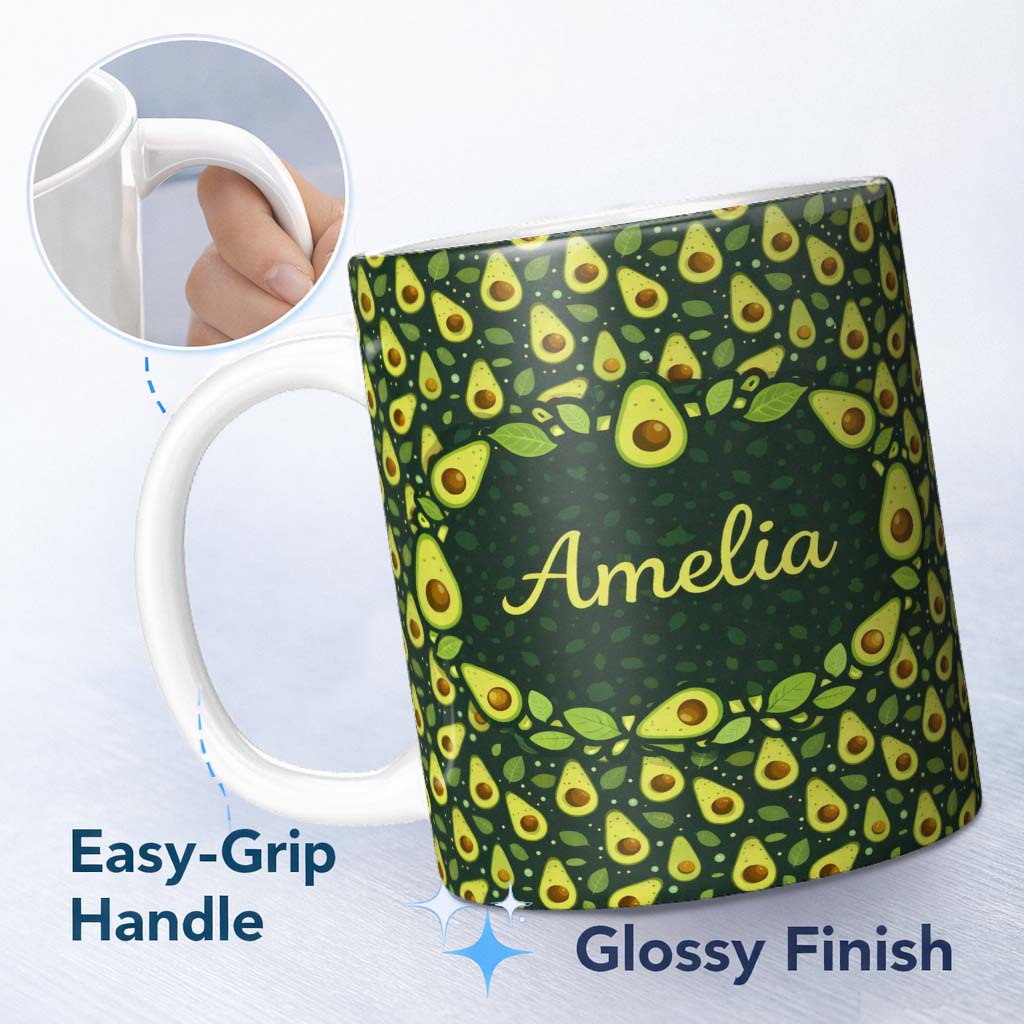 Personalized Custom Name Avocado Green Fruit Seamless Pattern Beautiful Coffee Cup Lovely 11oz Ceramic Coffee Tea Mug White Large Handle