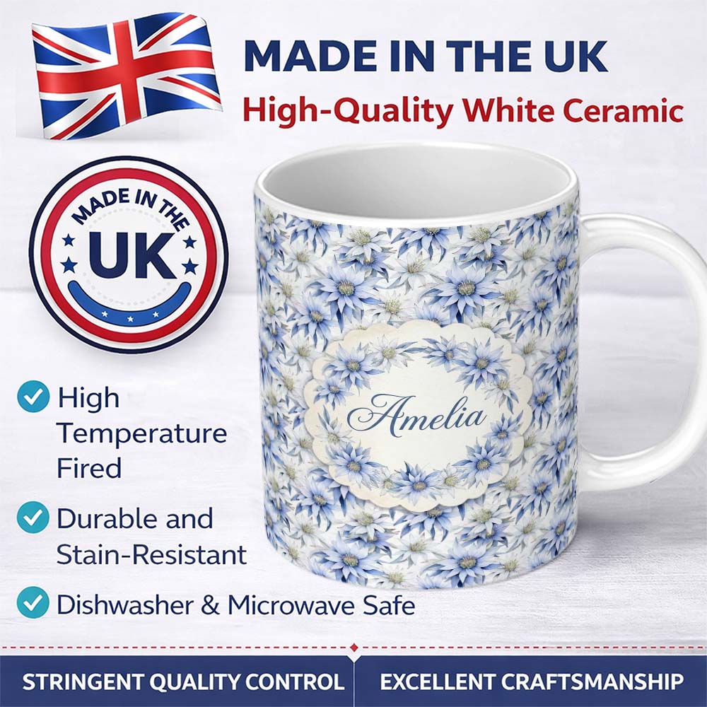 Personalized Custom Name Elegant Blue Botanical Flower Watercolor Seamless Pattern Lovely 11oz Ceramic Coffee Tea Mug White Large Handle