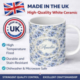 Personalized Custom Name Elegant Blue Botanical Flower Watercolor Seamless Pattern Lovely 11oz Ceramic Coffee Tea Mug White Large Handle