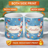 Personalized Custom Name Red Festive Christmas Tree Reindeer Snowman Seamless Pattern Lovely 11oz Ceramic Coffee Tea Mug White Large Handle