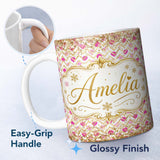 Personalized Custom Name Pink Gold Chevron Glitter Hearts Seamless Pattern Design Stylish 11oz Ceramic Coffee Tea Mug White Large Handle