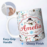 Personalized Custom Name Cute Snowman Winter Scarf Hat Snowflakes Seamless Pattern Lovely 11oz Ceramic Coffee Tea Mug White Large Handle
