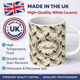 Personalized Custom Name Vintage Raven and Floral Grunge Seamless Pattern in Neutral Tones 11oz Ceramic Coffee Tea Mug White Large Handle