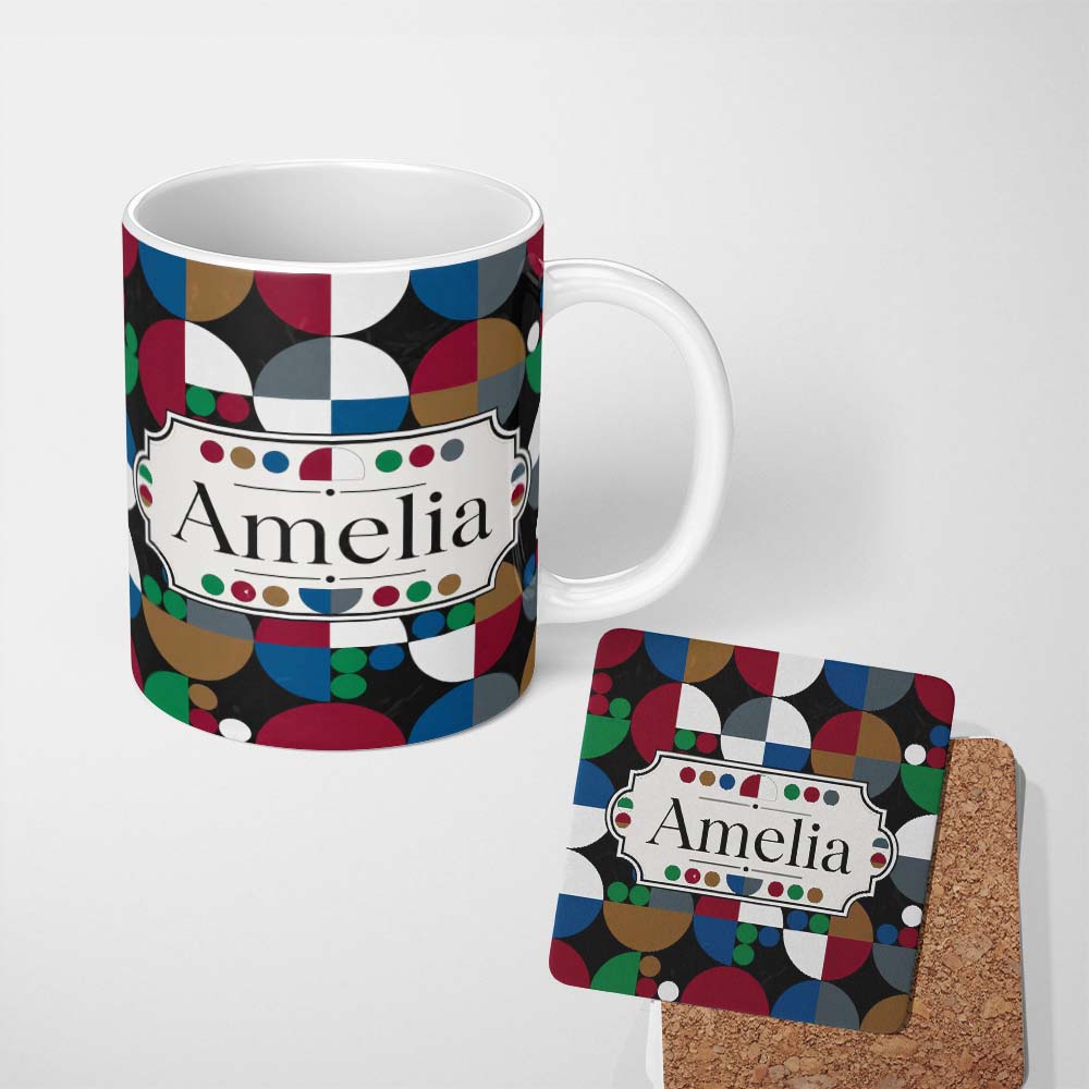 Personalized Custom Name Abstract Geometric Circle Pattern with Bold Colors Cute Unique Gift 11oz Ceramic Coffee Tea Mug White Large Handle