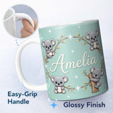 Personalized Custom Name Cute Cartoon Koala Bears with White Stars on Mint Green Background 11oz Ceramic Coffee Tea Mug White Large Handle