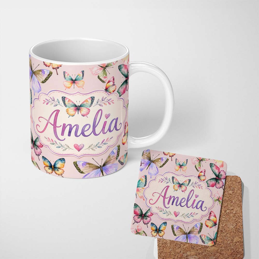 Personalized Custom Name Colorful Watercolor Butterflies on Blush Pink Background Seamless 11oz Ceramic Coffee Tea Mug White Large Handle