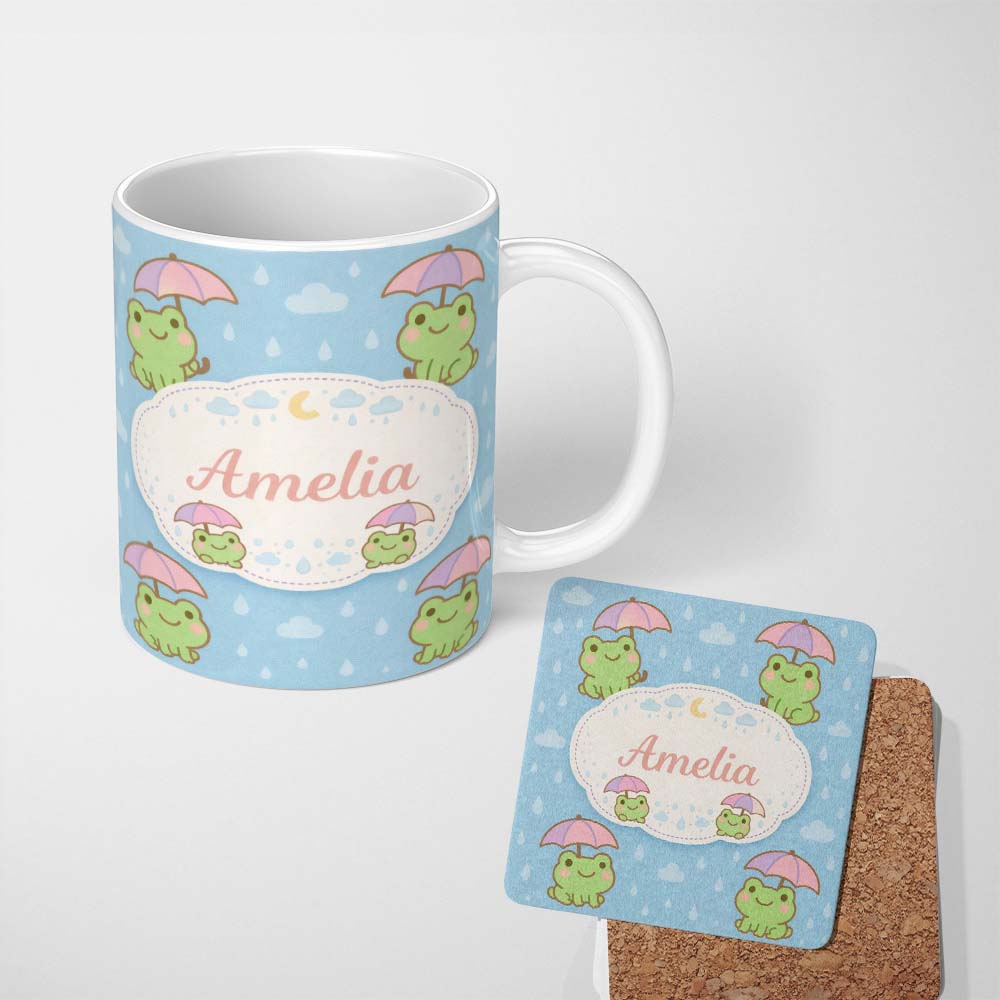 Personalized Custom Name Cute Frog Umbrella Rain Cartoon Animal Pattern Stylish Everyday Mug 11oz Ceramic Coffee Tea Mug White Large Handle