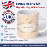 Personalized Custom Name Watercolor Bunny Floral Meadow Warm Beige Seamless Pattern Lovely 11oz Ceramic Coffee Tea Mug White Large Handle