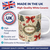 Personalized Custom Name Vintage Christmas Trees Red Bows Ornaments Seamless Pattern Lovely 11oz Ceramic Coffee Tea Mug White Large Handle