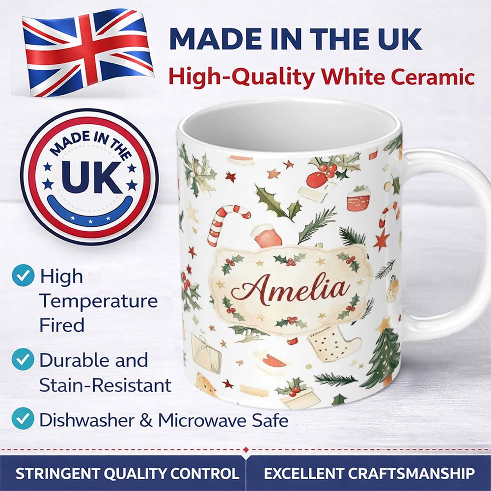 Personalized Custom Name Festive Holly Leaves Candy Cane Baubles Seamless Pattern Lovely 11oz Ceramic Coffee Tea Mug White Large Handle