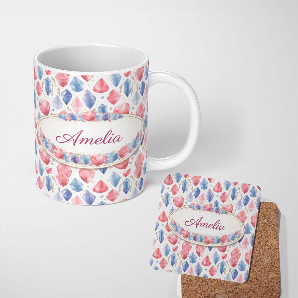 Personalized Custom Name Bright Multicolor Crystal Cluster Seamless Pattern Dark Background 11oz Ceramic Coffee Tea Mug White Large Handle