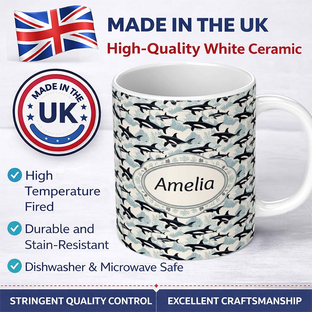 Personalized Custom Name Orca Whale Ocean Wave Seamless Pattern Nautical Marine Design Lovely 11oz Ceramic Coffee Tea Mug White Large Handle