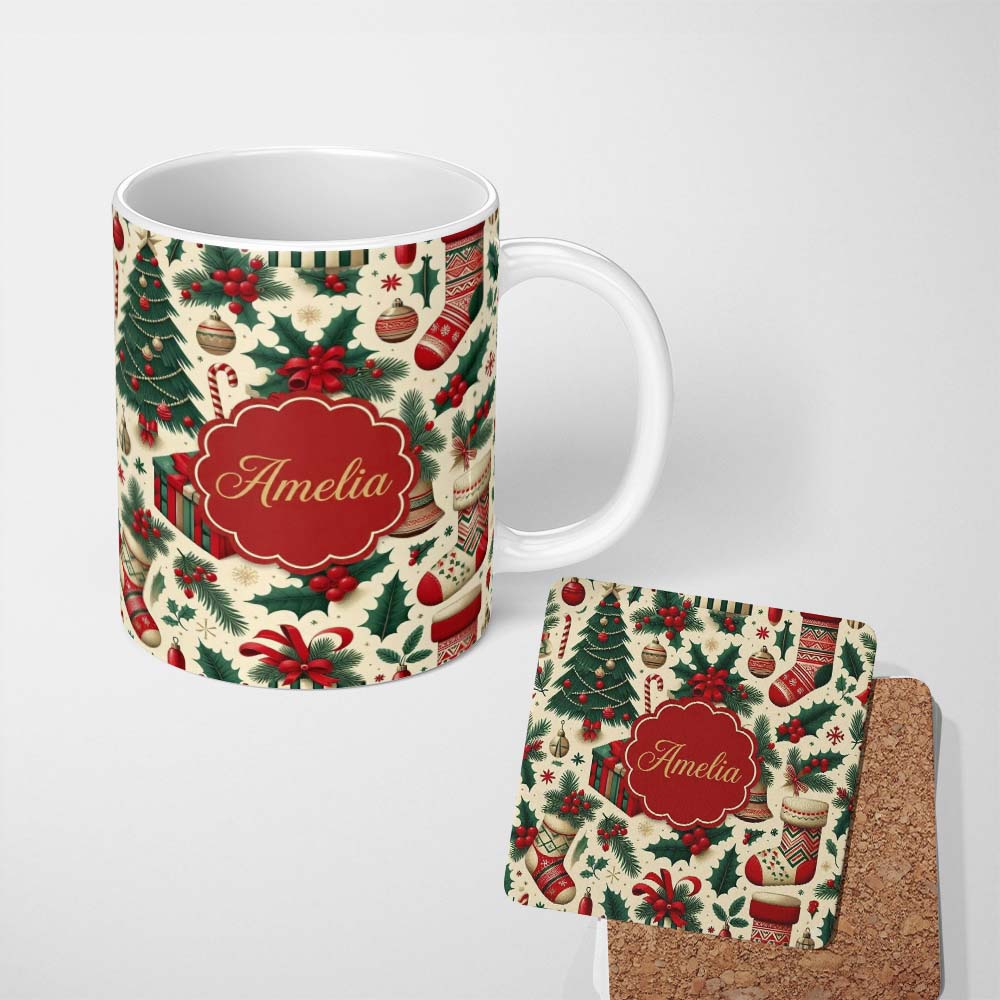 Personalized Custom Name Christmas Holly Gift Stocking Candy Cane Festive Seamless Pattern 11oz Ceramic Coffee Tea Mug White Large Handle