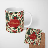 Personalized Custom Name Christmas Holly Gift Stocking Candy Cane Festive Seamless Pattern 11oz Ceramic Coffee Tea Mug White Large Handle