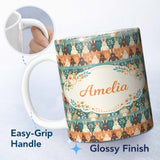 Personalized Custom Name Vintage Style Bunny Rose Garden Seamless Pattern Cute Unique Gift 11oz Ceramic Coffee Tea Mug White Large Handle